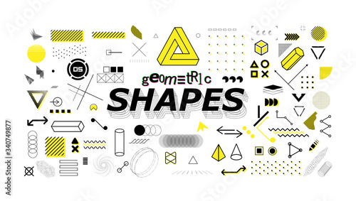 Neo memphis geometric shapes collection. Universal graphics design elements in Retro Futurism style for web, posters, trendy project, banners, magazines, cards, clothes and merch. Vector shapes set