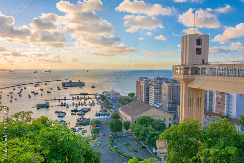 beautiful view from the Lacerda Elevator to Fort São Marcelo in Todos os Santos Bay in the city of salvador on a sunset overlooking the sea and blue sky photo