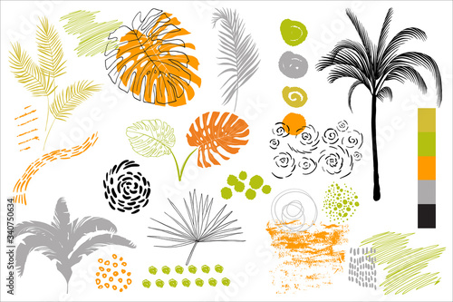  set of elements of tropical leaves and handwriting in the style of Scrabble