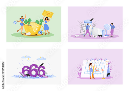 Superstitions flat concept vector illustrations set. Good and bad luck metaphors. Superstitious people 2D cartoon characters. Positive symbols, lucky amulets. Unfortunate numbers and misfortune signs