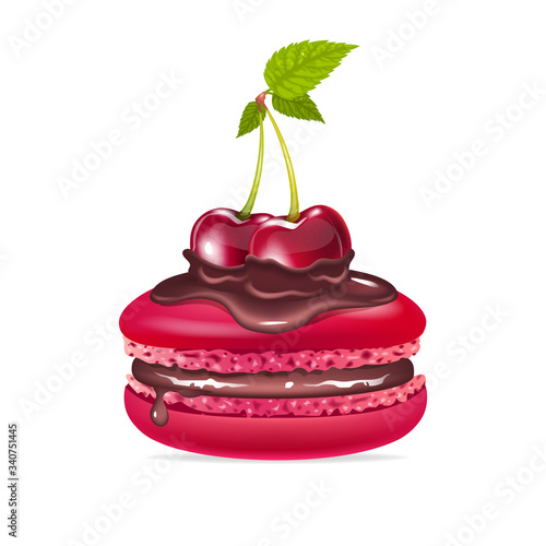 Macaroon, creamy dessert with chocolate and cherries realistic vector illustration. Crimson meringue, tasty biscuit, french confectionery. Homemade sweet pastry 3d isolated object on white background