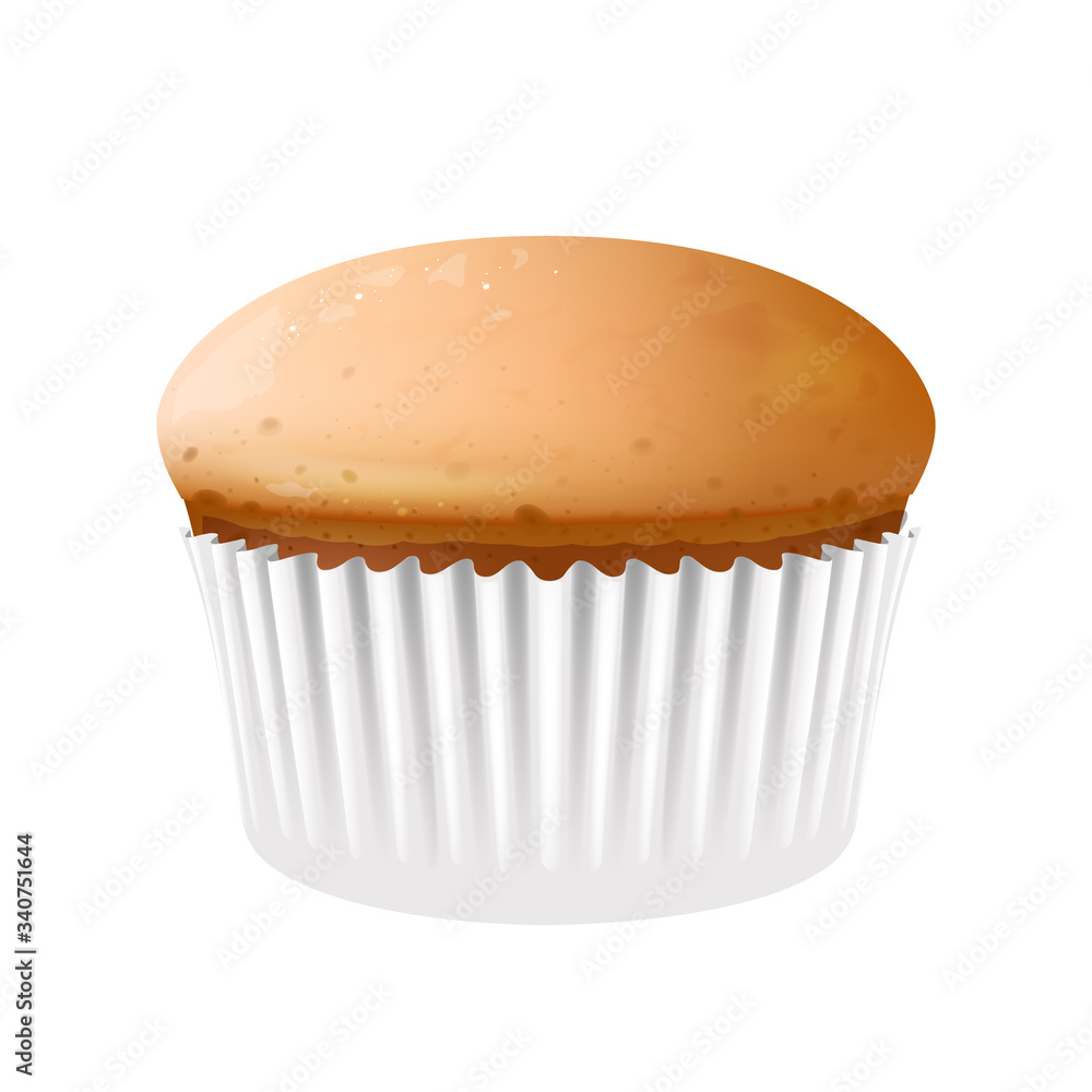 Cupcake in baking cup realistic vector illustration. Homemade dessert, flour confection, sweet stuff. Sugary pastry in cupcake case, baked muffin 3d isolated object on white background Cupcake in baking cup realistic vector illustration. Homemade dessert, flour confection, sweet stuff. Sugary pastry in cupcake case, baked muffin 3d isolated object on white background