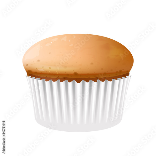 Cupcake in baking cup realistic vector illustration. Homemade dessert, flour confection, sweet stuff. Sugary pastry in cupcake case, baked muffin 3d isolated object on white background