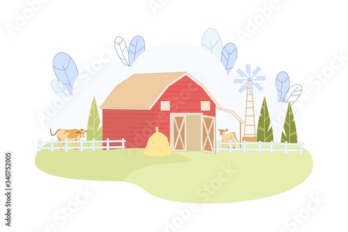 Animal Farm with Red Barn Windmill Cow and Calf