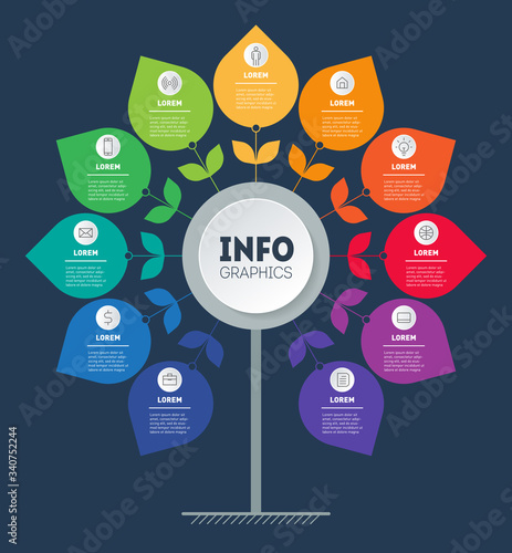 Business presentation or infographics concept with 11 options and icons. Vector. Template of tree, chart or diagram. Info graphic of technology or education process with eleven steps.