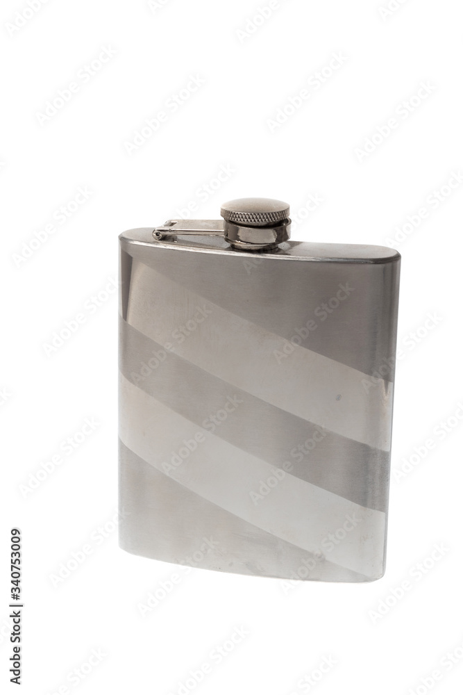 Closed shiny metal flask for liquids, isolated on white background Closed shiny metal flask for liquids, isolated on white background