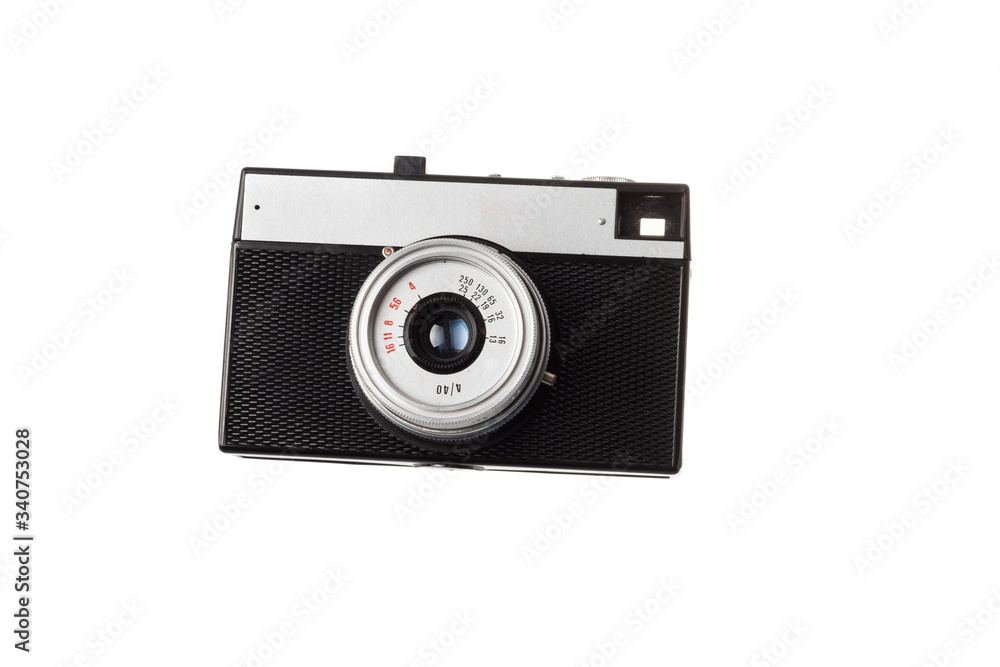 Front view of an old vintage photo camera using film strip, isolated on white background