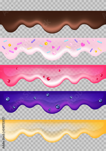 Frostings, pastry glazings, dessert ingredients realistic vector illustrations set. Sugar confectionery, delicious jams. Bakery decorations, caramel 3d isolated objects on transparent background