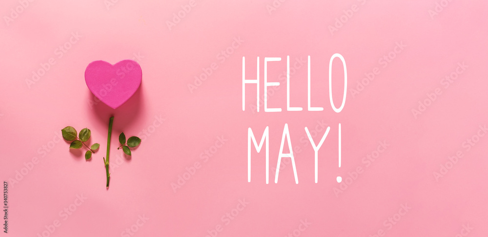 Hello May message with heart flower top view flat lay