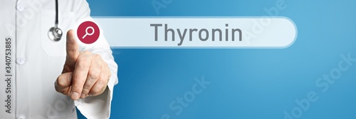 Thyronin. Arzt im Kittel zeigt mit dem Finger auf ein Suchfeld. Der Begriff Thyronin steht im Fokus. Symbol für Krankheit, Gesundheit, Medizin photo