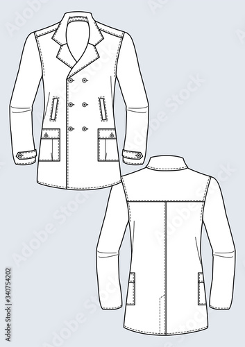 Cappotto uomo con tasche applicate disegno piatto sketch fashion illustration fronte e retro mock up vetttoriale