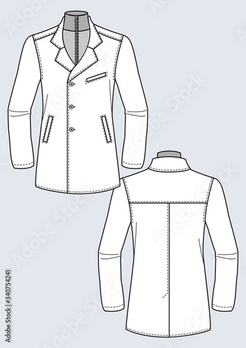 Cappotto uomo con collo zip disegno piatto sketch fashion illustration fronte e retro mock up vettoriale