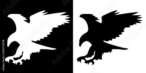 Majestic Eagle in Flight Silhouette, Wings Spread, Isolated Black and White Vector Illustration 