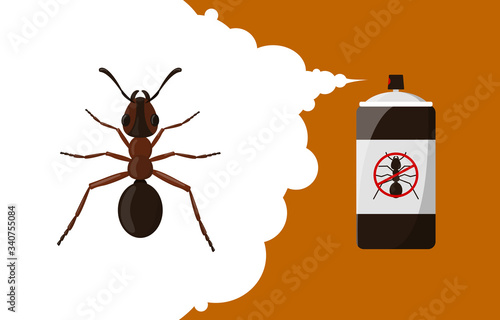 Insect repellent banner concept. Ant repellent aerosol. Bug, insect and pest control spray bottle. Cartoon ant