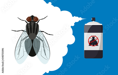 Insect repellent banner concept. Fly repellent aerosol. Pest, insect and bug control spray bottle. Cartoon fly