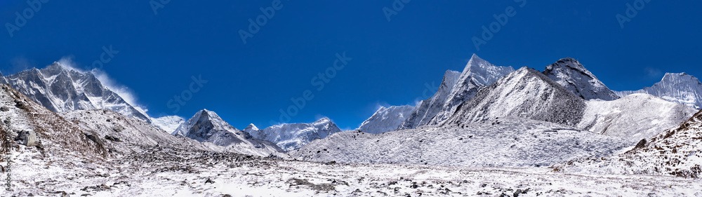 Way to Mount Island Peak. View from village Chukhung, is lodge serving trekkers and climbers in Khumbu region of Nepal in Himalayas south of Mount Everest.