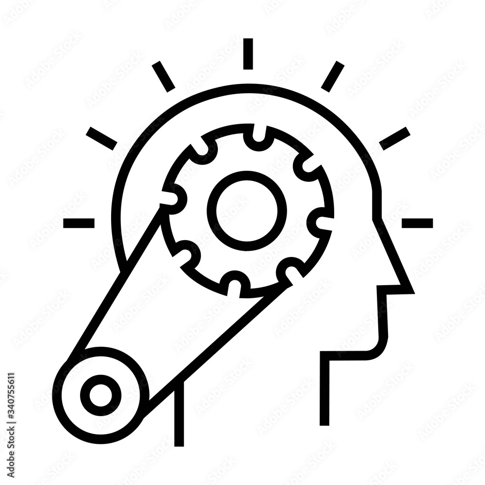 Human head and gears symbol. Cognitive processes sign. Brain settings icon. Line design. Human head and gears symbol. Cognitive processes sign. Brain settings icon. Line design.