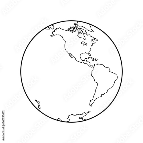 Vector illustration of Western Hemisphere of planet Earth, silhouettes of continents, contour line. North and South America, Antarctica