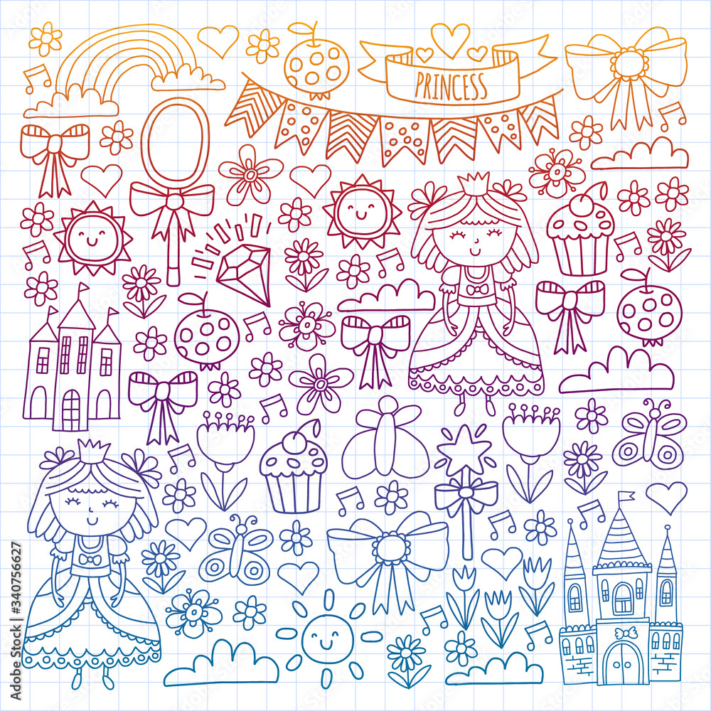 Vector pattern for little girls. Princess illustration for happy birthday party. Vector pattern for little girls. Princess illustration for happy birthday party.