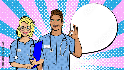 Doctors in pop art style. Background in comic style retro pop art. Illustration for print advertising and web.