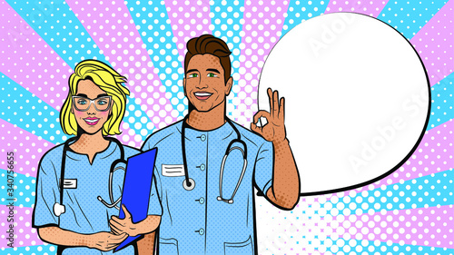Doctors in pop art style. Vector background in comic style retro pop art. Illustration for print advertising and web.