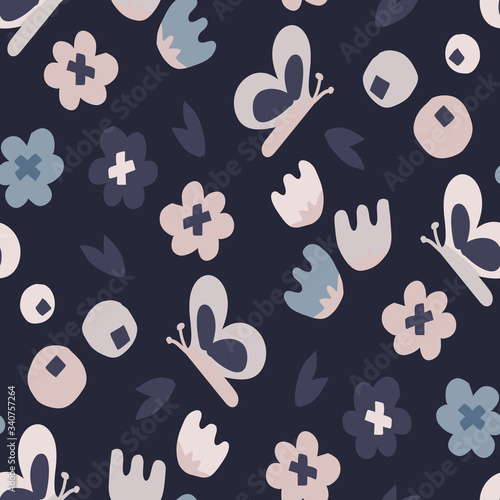 Indigo blue doodle floral butterfly seamless pattern. Sketchy daisy vector background. Modern dark navy wallpaper graphic design. Hand drawn quirky all over print. Masculine flower bloom decor textile