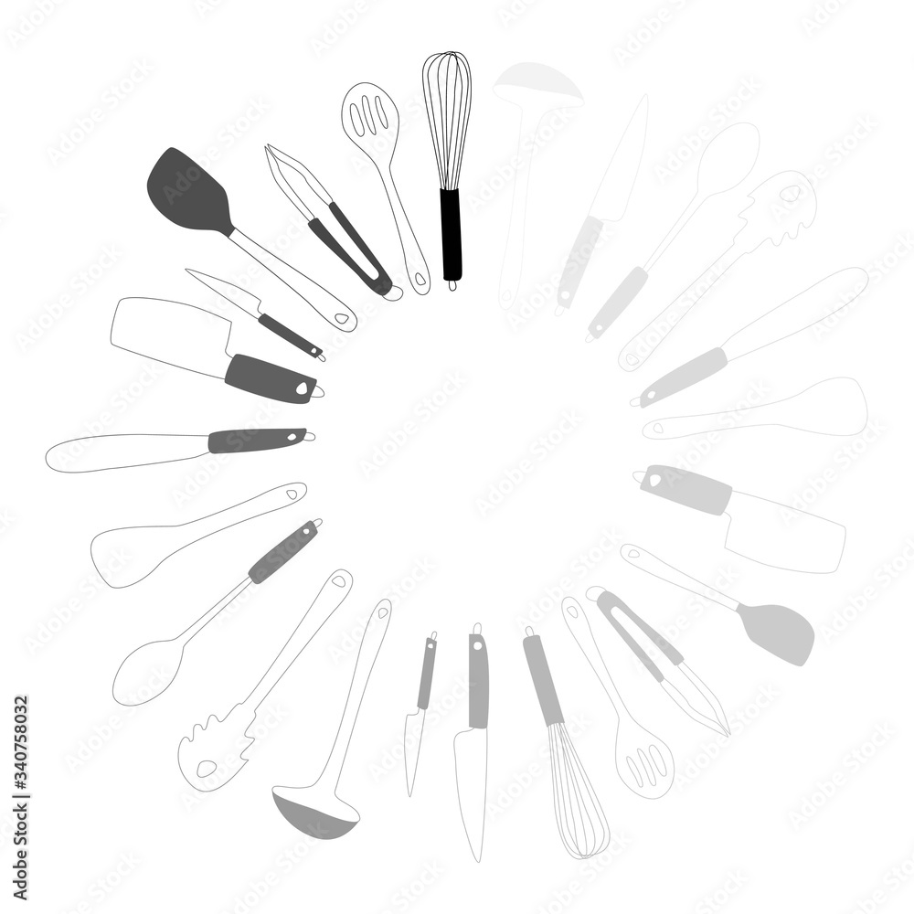 Set of doodle kitchen tools on white. Vector illustration. Perfect for wallpaper, pattern fills, textile, web page background, surface textures.Print Set of doodle kitchen tools on white. Vector illustration. Perfect for wallpaper, pattern fills, textile, web page background, surface textures.Print