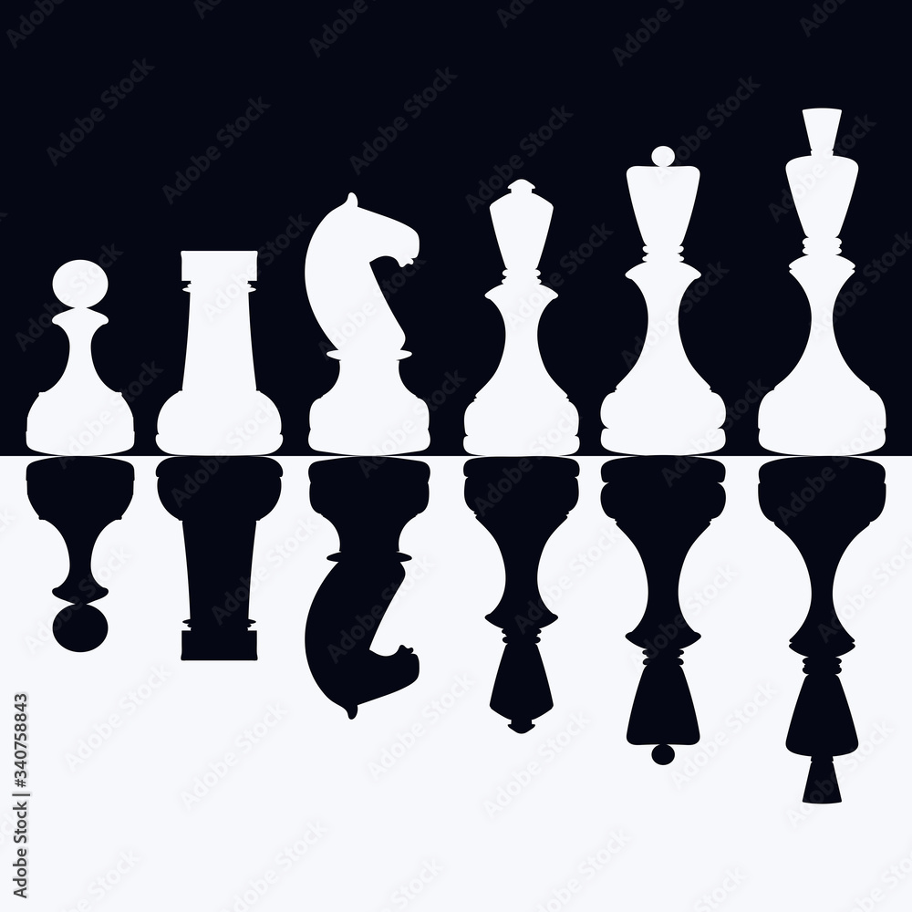 Vector stock set of black and white chess pieces isolated on black and white background. Flat design style. Vector stock set of black and white chess pieces isolated on black and white background. Flat design style.
