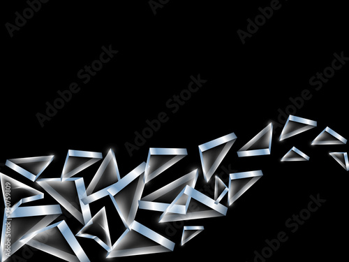 Flying pieces of glass or ice on a black background. Vector abstract modern background