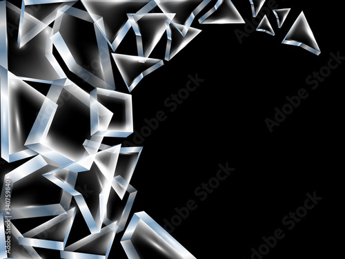 Flying pieces of glass or ice on a black background. Vector abstract modern background