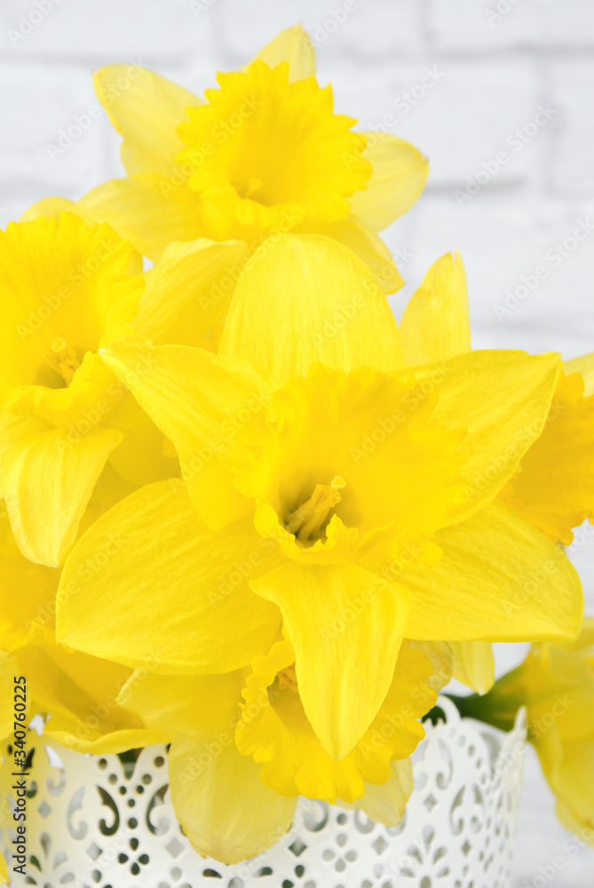 Fototapeta premium Yellow daffodil flowers in a white vase isolated on a white brick background
