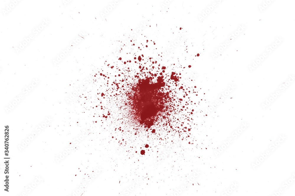 Realistic human red blood spatter, isolate on white background, abstract splatter red color background