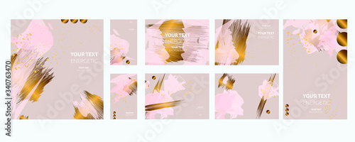 Elegant creative card templates set. Collection of romantic invitations with gold abstraction background line color