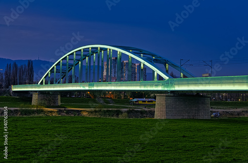 The railway bridge over the Sava River in Zagreb, popularly called the Hendrix Bridge. Illuminated by LED light.