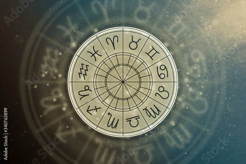 Astrological circle with the signs of the zodiac on a background of the starry sky. Illustration for horoscope