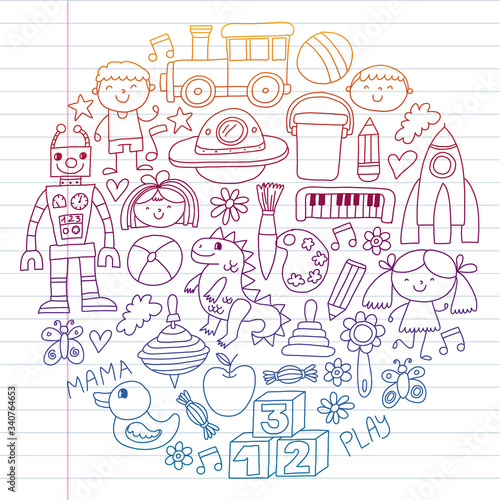 Kindergarten preschool school children. Kids drawing style vector pattern. Play grow learn together.