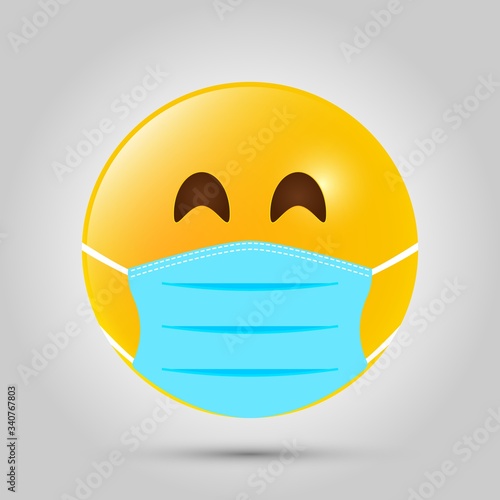 Emoji with blue mouth mask. Yellow emoji icon on grey template. Vector illustration