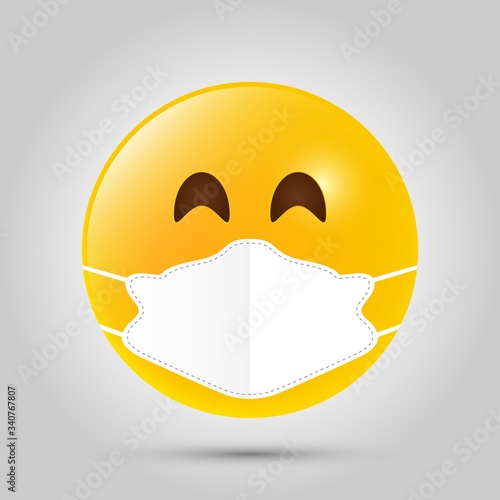 Emoji with white mouth mask. Yellow emoji icon on grey template. Vector illustration