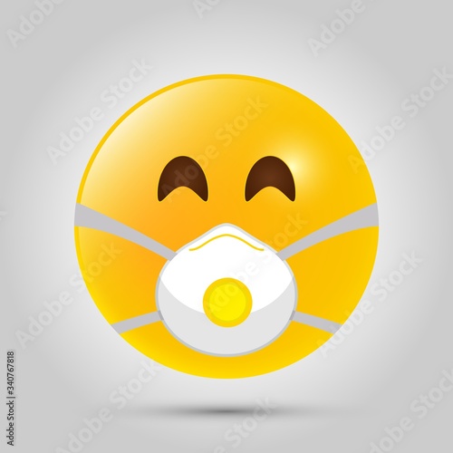 Emoji with white mouth mask. Yellow emoji icon on grey template. Vector illustration