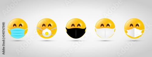 Set emoji with black and white mouth mask. Yellow emoji icon on grey template. Vector illustration