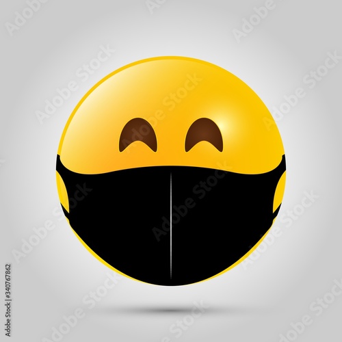 Emoji with black mouth mask. Yellow emoji icon on grey template. Vector illustration
