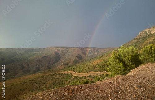 Rainbow in the mountains, sunset, greenery, natural, blue sky