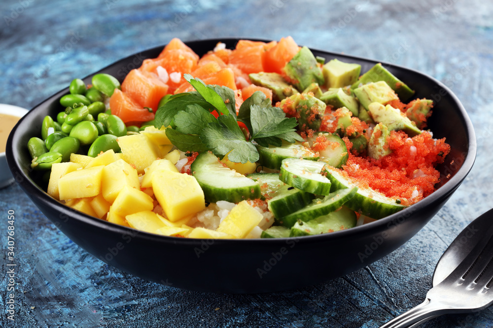 buddha bowl with salmon and avocado. Balanced detox trend snack buddha bowl with salmon and avocado. Balanced detox trend snack