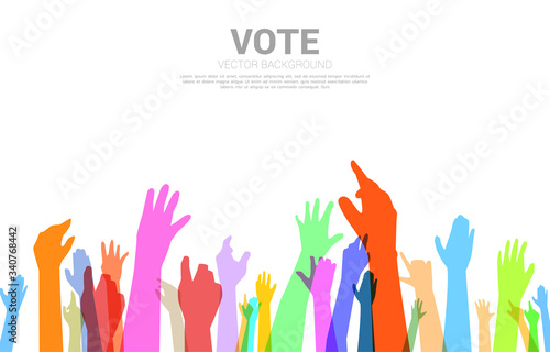 Colorful Group of hand in the air . Hand up group. Concept for Event public vote and people right.