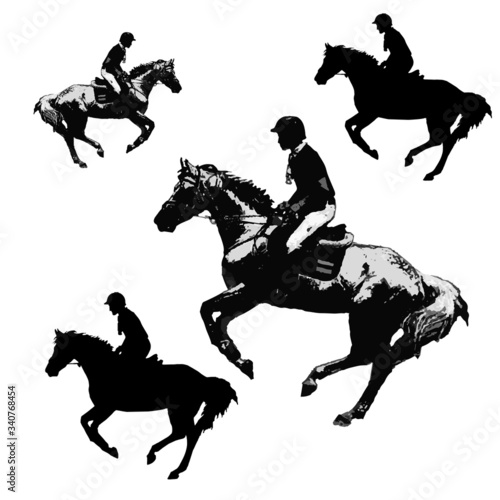 rider on a horse galloping at a reduced gallop, black isolated silhouette on a white background 