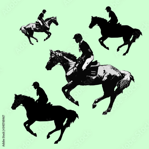 rider on a horse galloping at a reduced gallop, black isolated silhouette on a white background	
