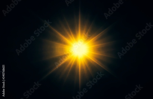 Fototapeta Naklejka Na Ścianę i Meble -  Abstract orange sparkling light rays and lighting flare bokeh against on dark black