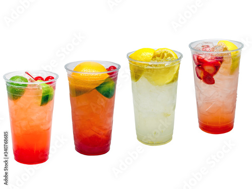 Fresh squeezed fruit drinks, lemonade, cherry limeade, strawberry lemonade and an Orange cherry lemon-limeade.