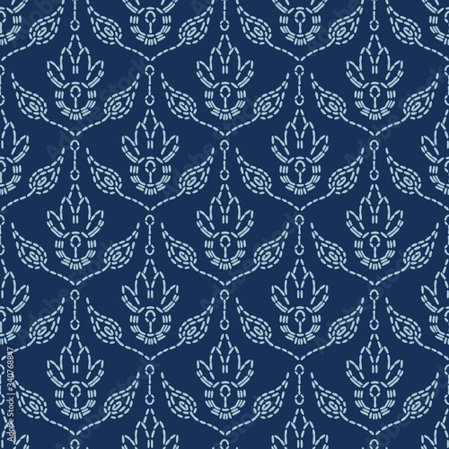 Damask floral motif sashiko stitch pattern. Japanese needlework seamless vector background. Hand drawn line effect for textile print. Classic Japan embroidery decor, asian kimono quilted template. 