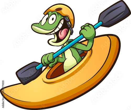 Happy cartoon iguana riding a kayak. Vector clip art illustration with simple gradients. All in a single layer.
